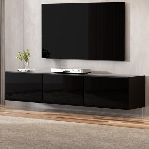 Floating Entertainment Unit Tv Cabinet High Glossy Black 3 Cabinets 200Cm