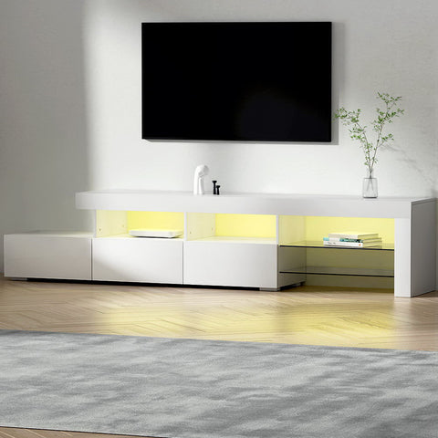 TV Cabinet Entertainment Unit Stand RGB LED Gloss Furniture 215cm White