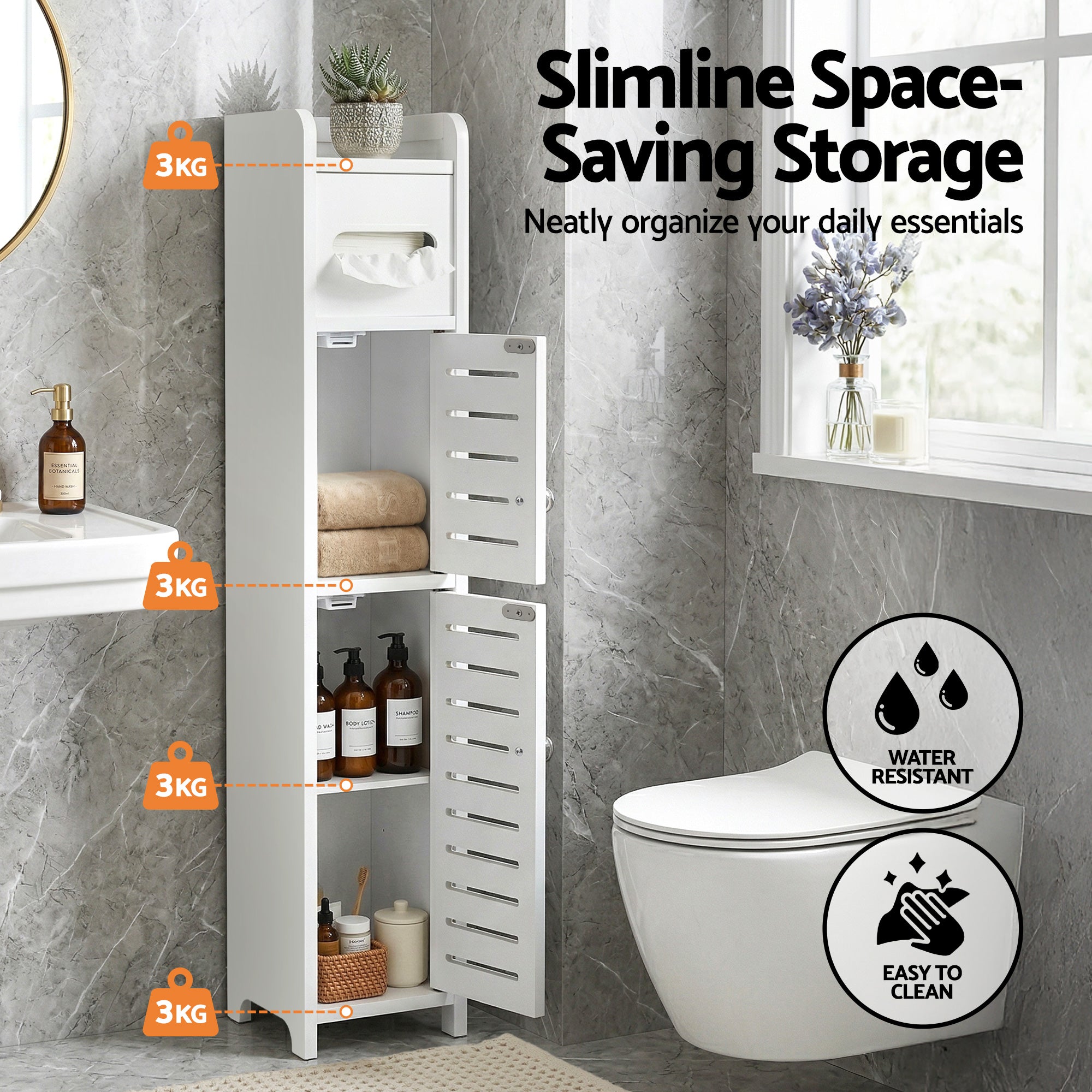 Artiss Bathroom Storage Cabinet 3-Tier Slim White | Simpledeals