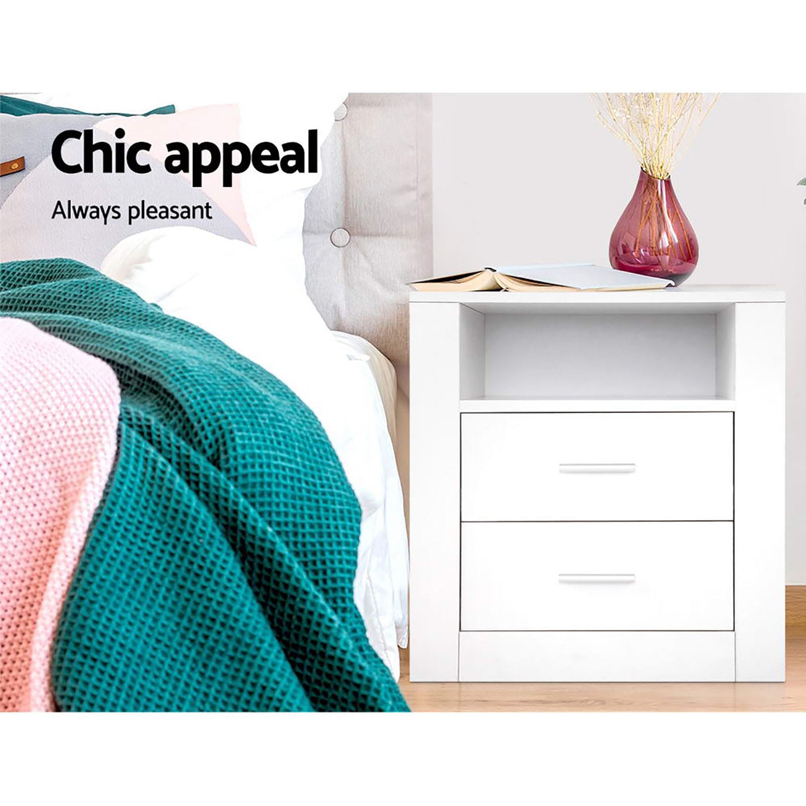Bedside Table 2 Drawers White 51.5x39.5x54cm
