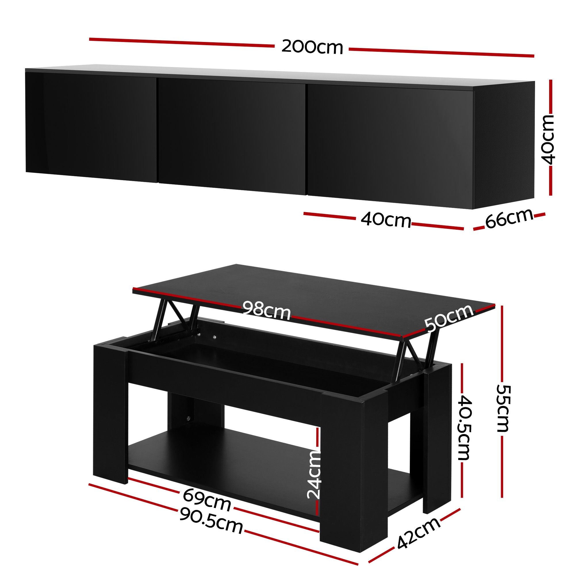 TV Unit Coffee Table Set Black 200cm | Simpledeals