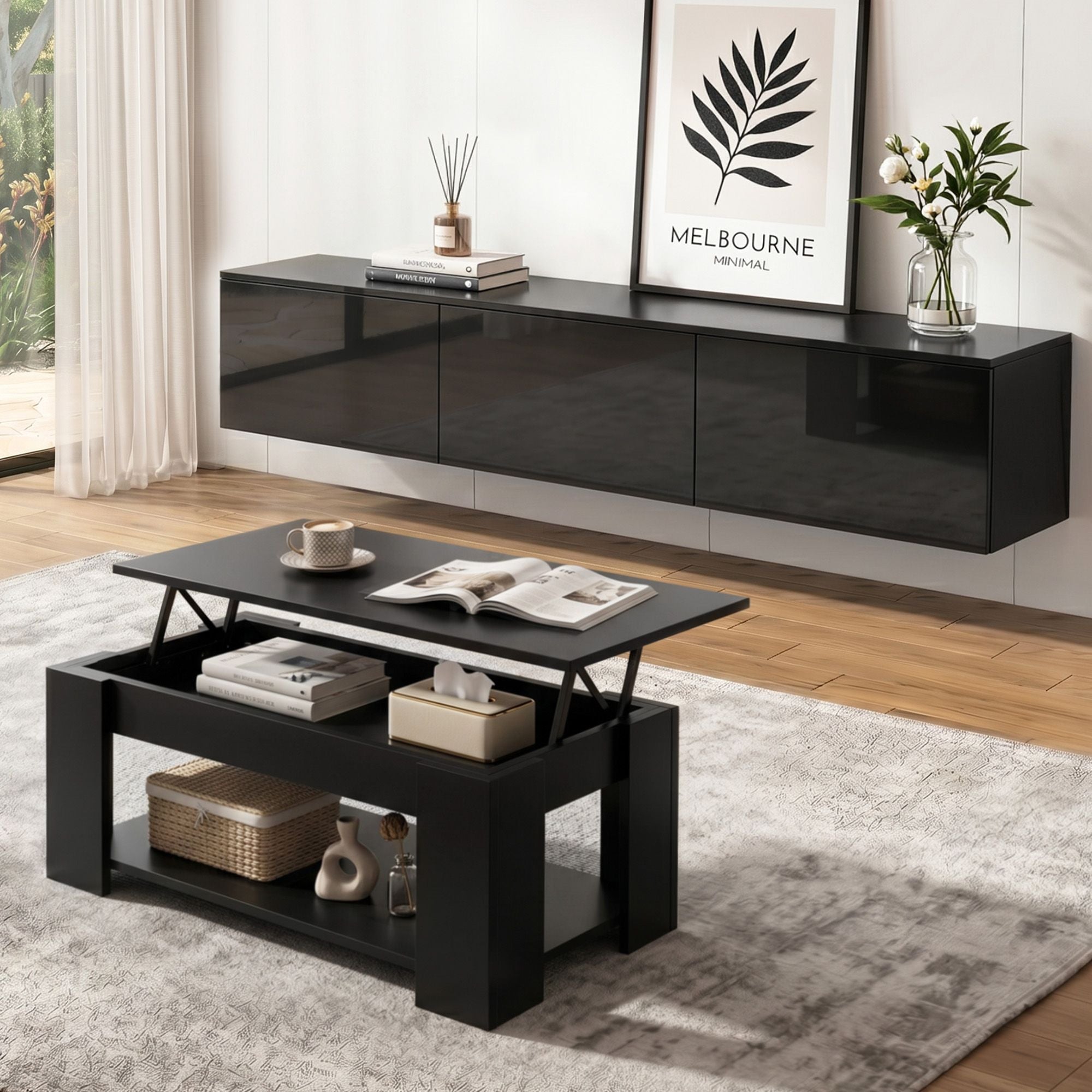 TV Unit Coffee Table Set Black 200cm | Simpledeals