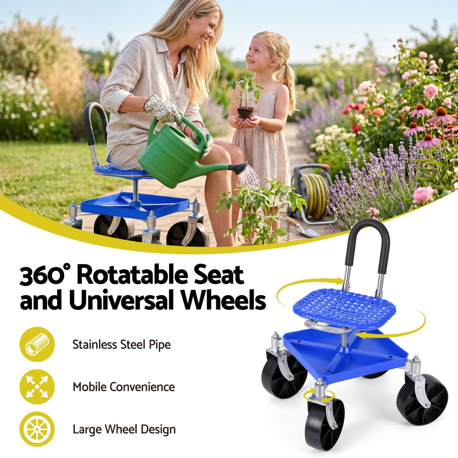 Rolling Garden Stool 360 Swivel Height Adjustable | Simplede