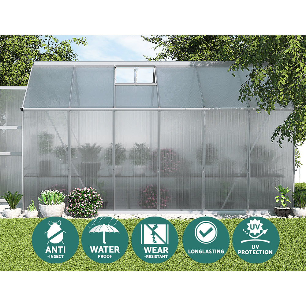 Greenhouse 3.7X2.5X2.26M Double Doors Aluminium Green House Garden Shed