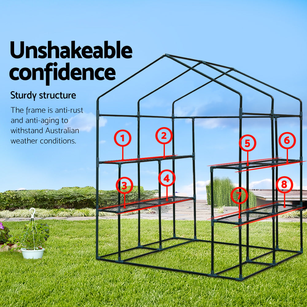 Greenhouse Tunnel - Walk-In Garden Shed with 8 Shelves 1.4x1.55x2m