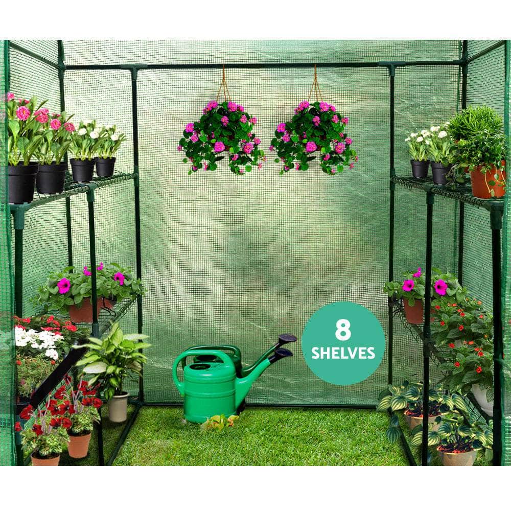 Greenhouse Tunnel - Walk-In Garden Shed with 8 Shelves 1.4x1.55x2m