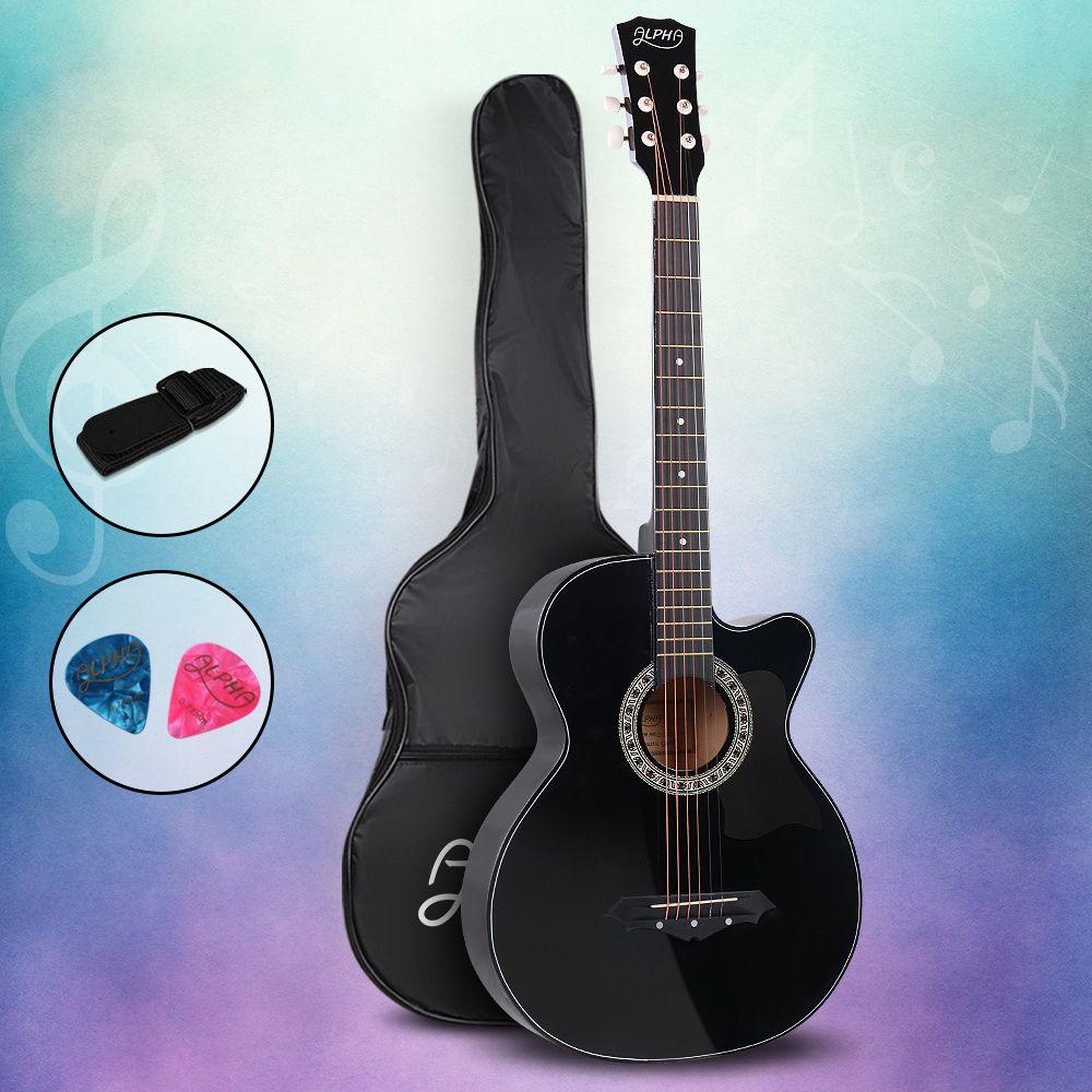 38 Inch Acoustic Guitar Wooden Body Steel String Full Size Cutaway Black - Guitars