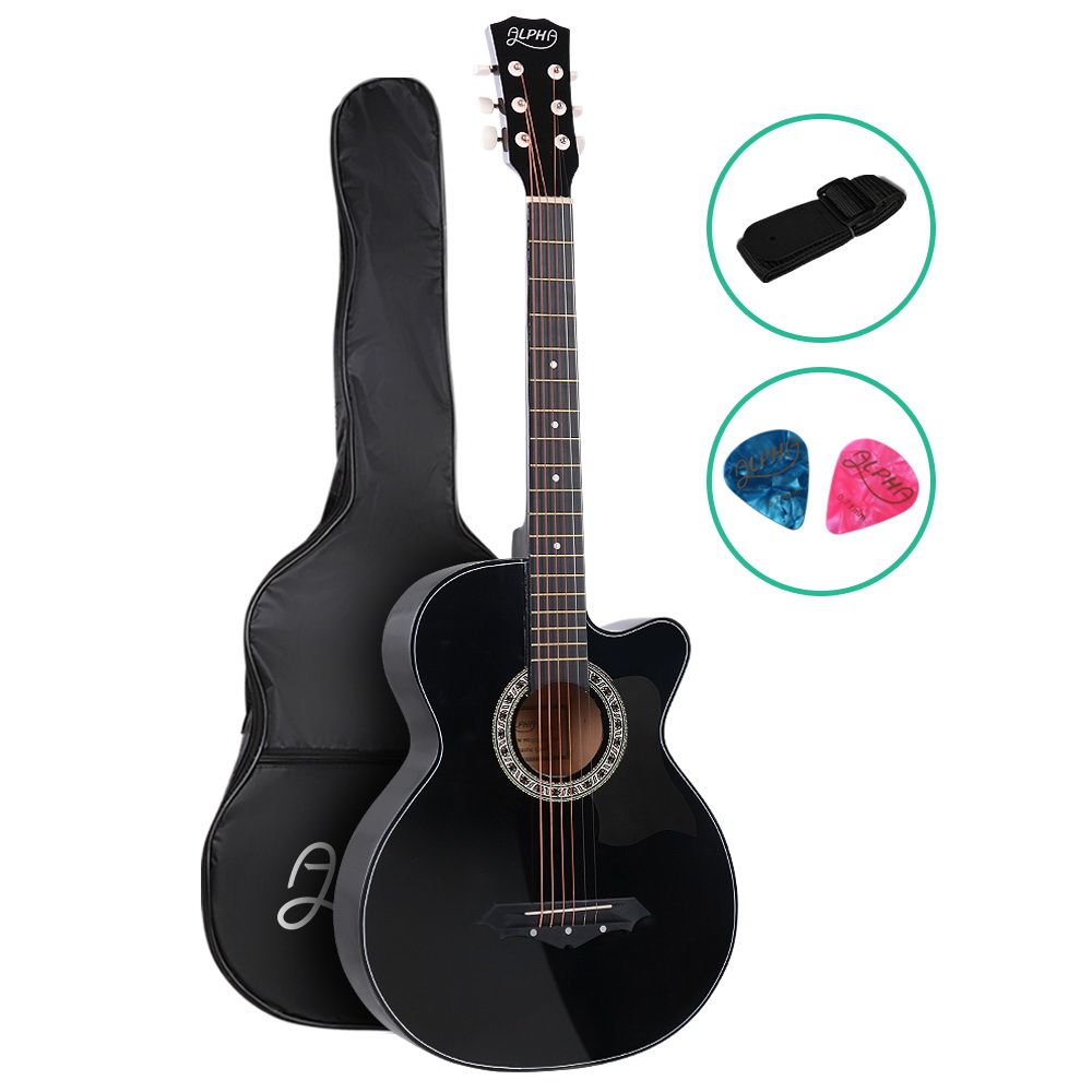 Black colour - 38 Inch Acoustic Guitar Wooden Body Steel String Full Size Cutaway Black