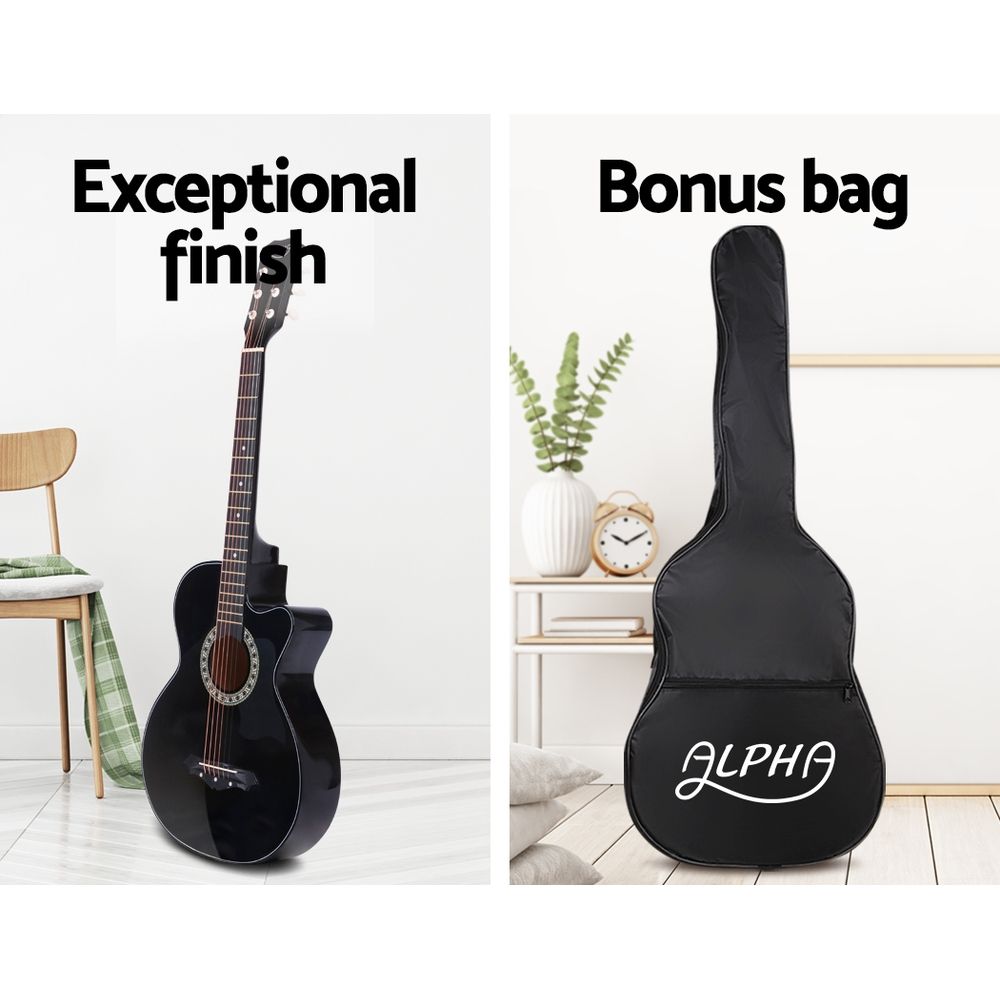 Wooden finish - 38 Inch Acoustic Guitar Wooden Body Steel String Full Size Cutaway Black
