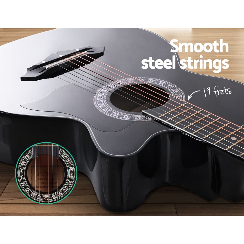 38 Inch Acoustic Guitar Wooden Body Steel String Full Size Cutaway Black | Guitars