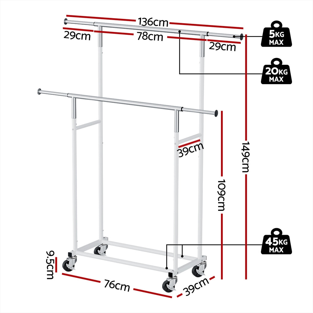 Coat Racks - Clothes Rack Double Rod Airer Rail Coat Stand Adjustable Hanger