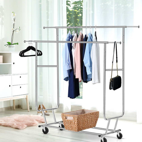 6FT Garment Rack Double Rail Commercial Clothes Rolling Collapsible Hanger Stand