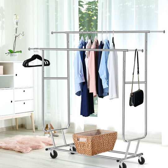Garment Commercial Rolling Collapsible - Clothes Rack Airer Double Rail Coat Stand Adjustable Hanger