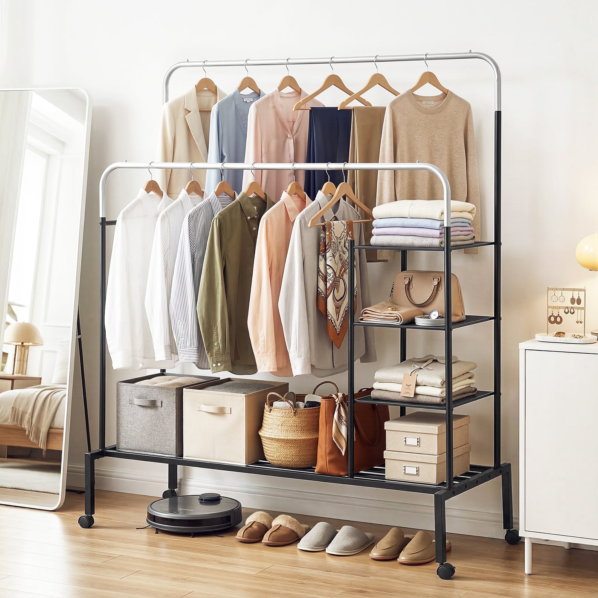 Heavy Duty 4-in-1 Clothes Rack Double Rod Coat Stand Storage Shelf