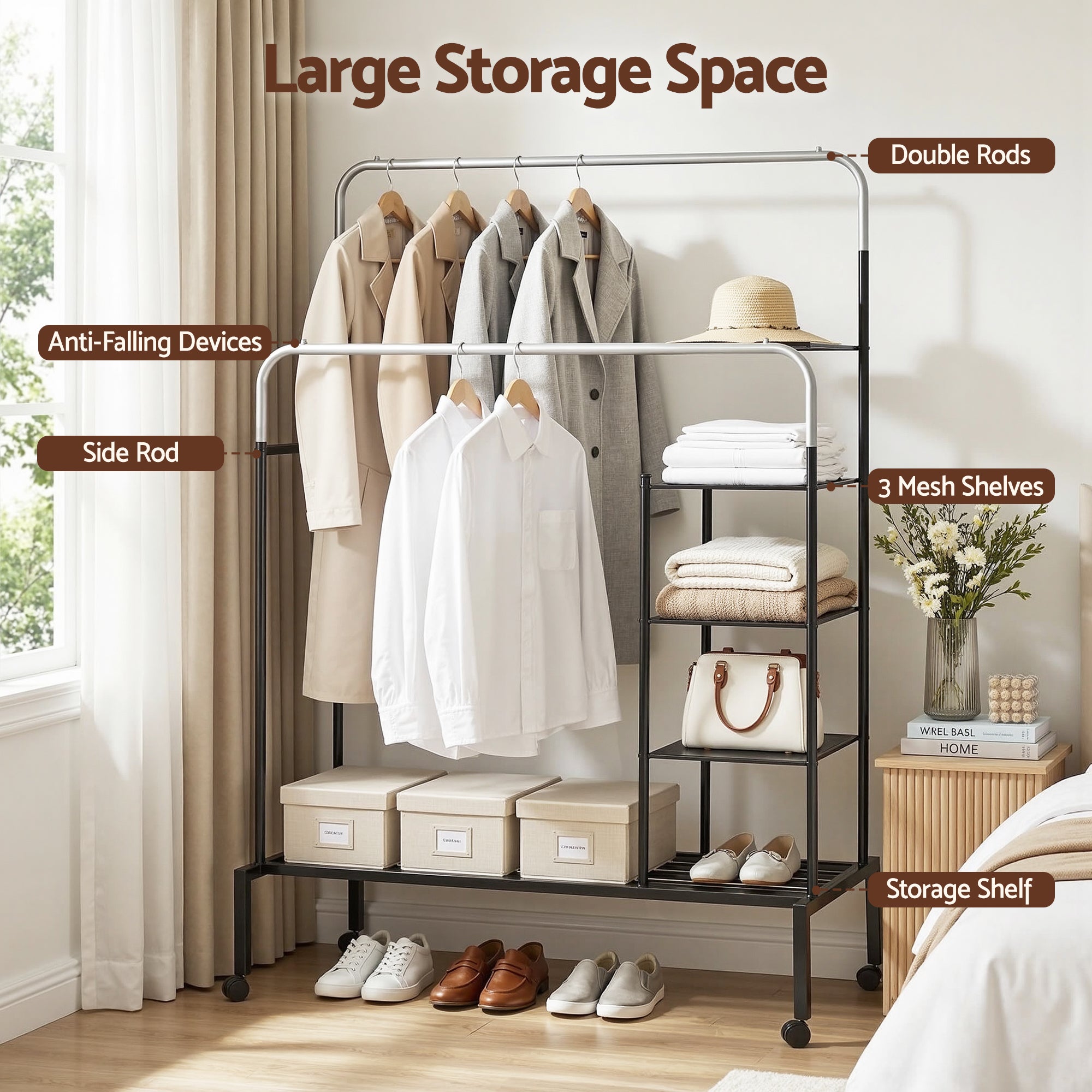 Heavy Duty 4-in-1 Clothes Rack Double Rod Coat Stand Storage Shelf