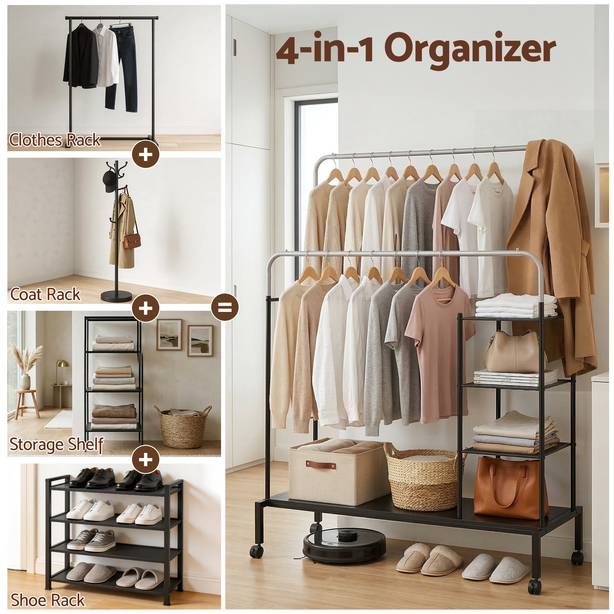 Heavy Duty 4-in-1 Clothes Rack Double Rod Coat Stand Storage Shelf