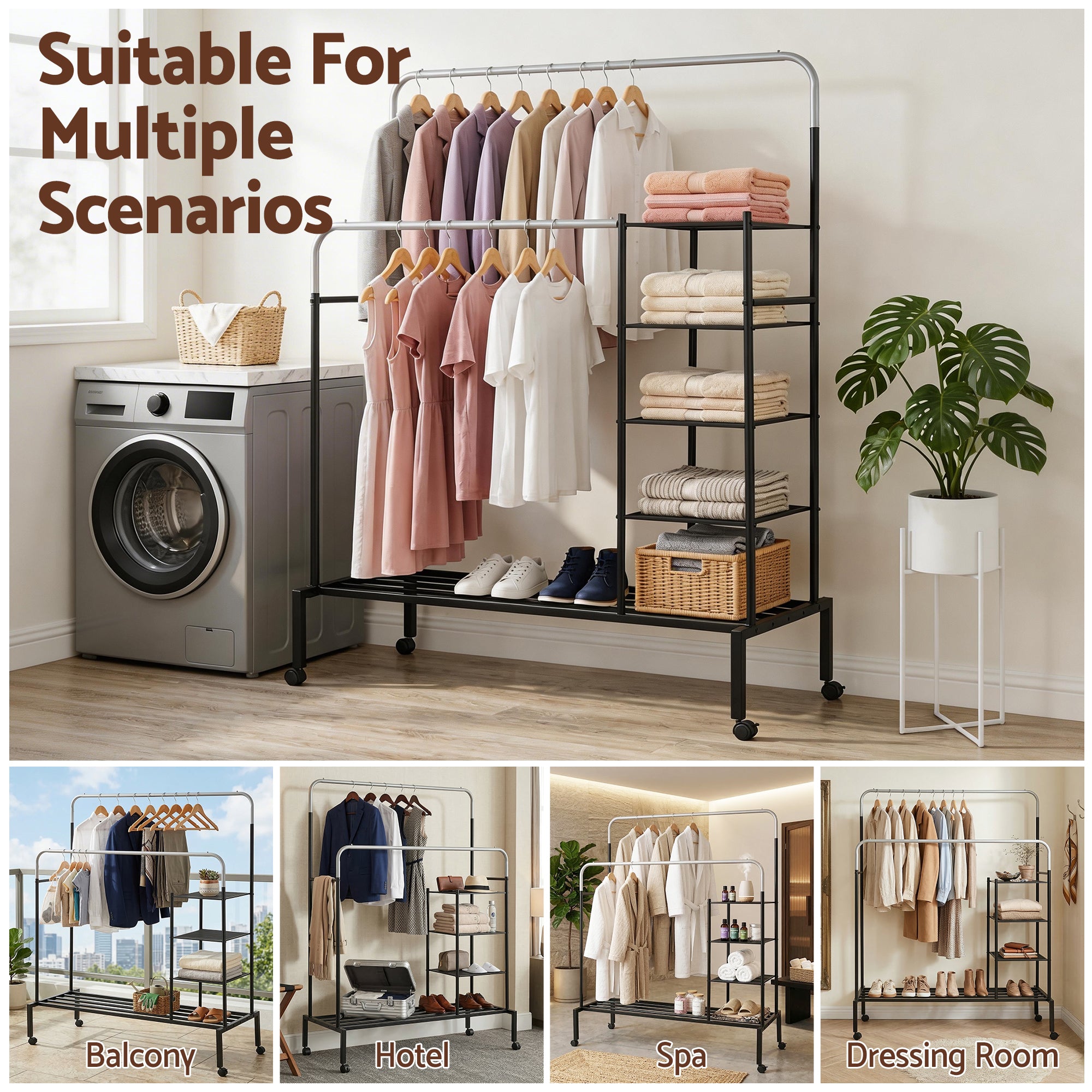 Heavy Duty 4-in-1 Clothes Rack Double Rod Coat Stand Storage Shelf
