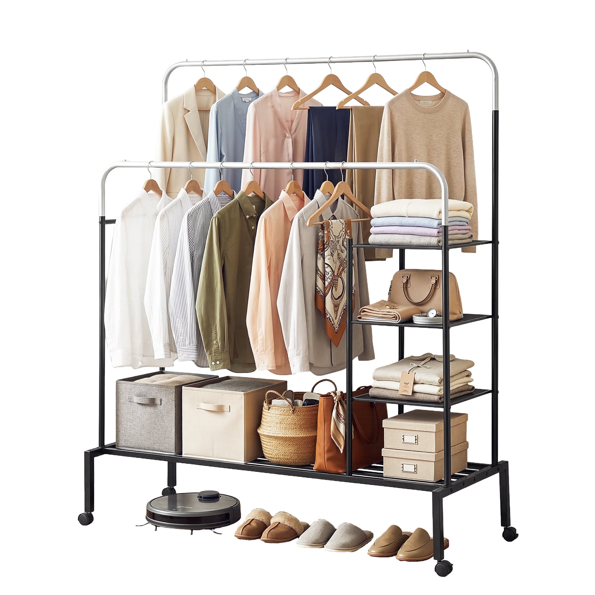 Heavy Duty 4-in-1 Clothes Rack Double Rod Coat Stand Storage Shelf