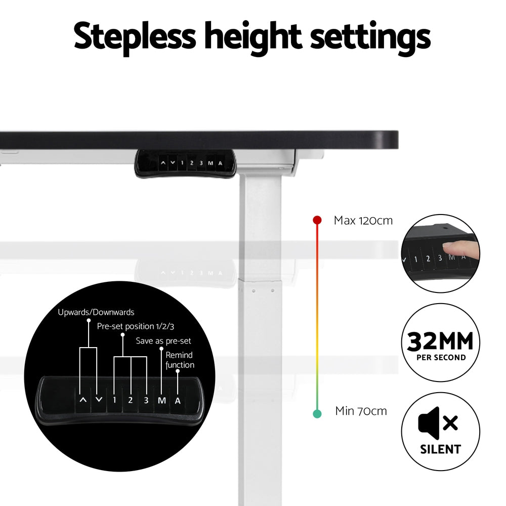 Sleek Electric Standing Desk in White, Walnut and Black - 140cm/120cm