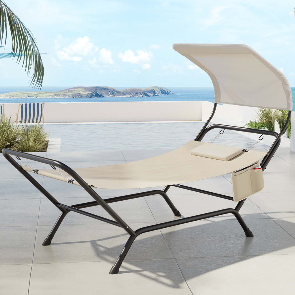 Hammock Bed w/ Stand Sun Lounge Chair Beige, Beige colour