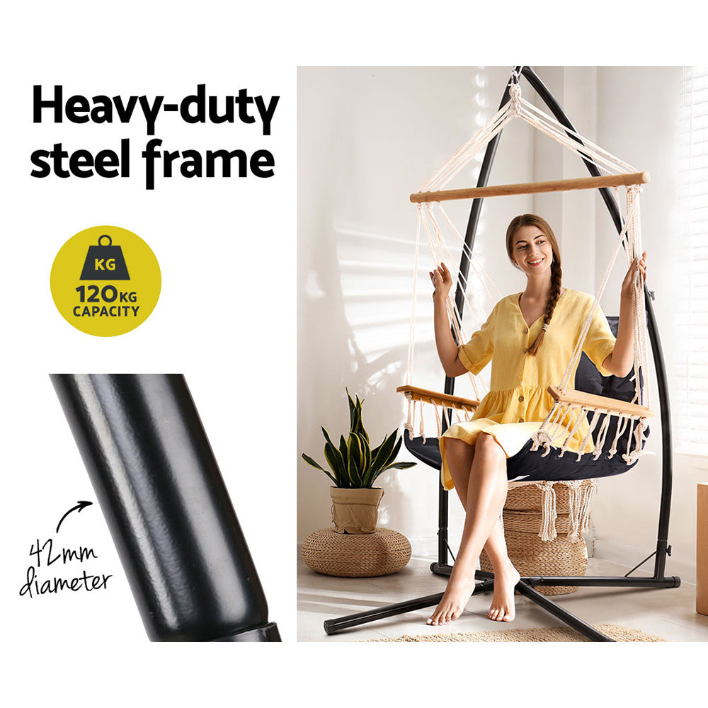 Hammock Chair With Steel Stand Armrest Outdoor Hanging Grey