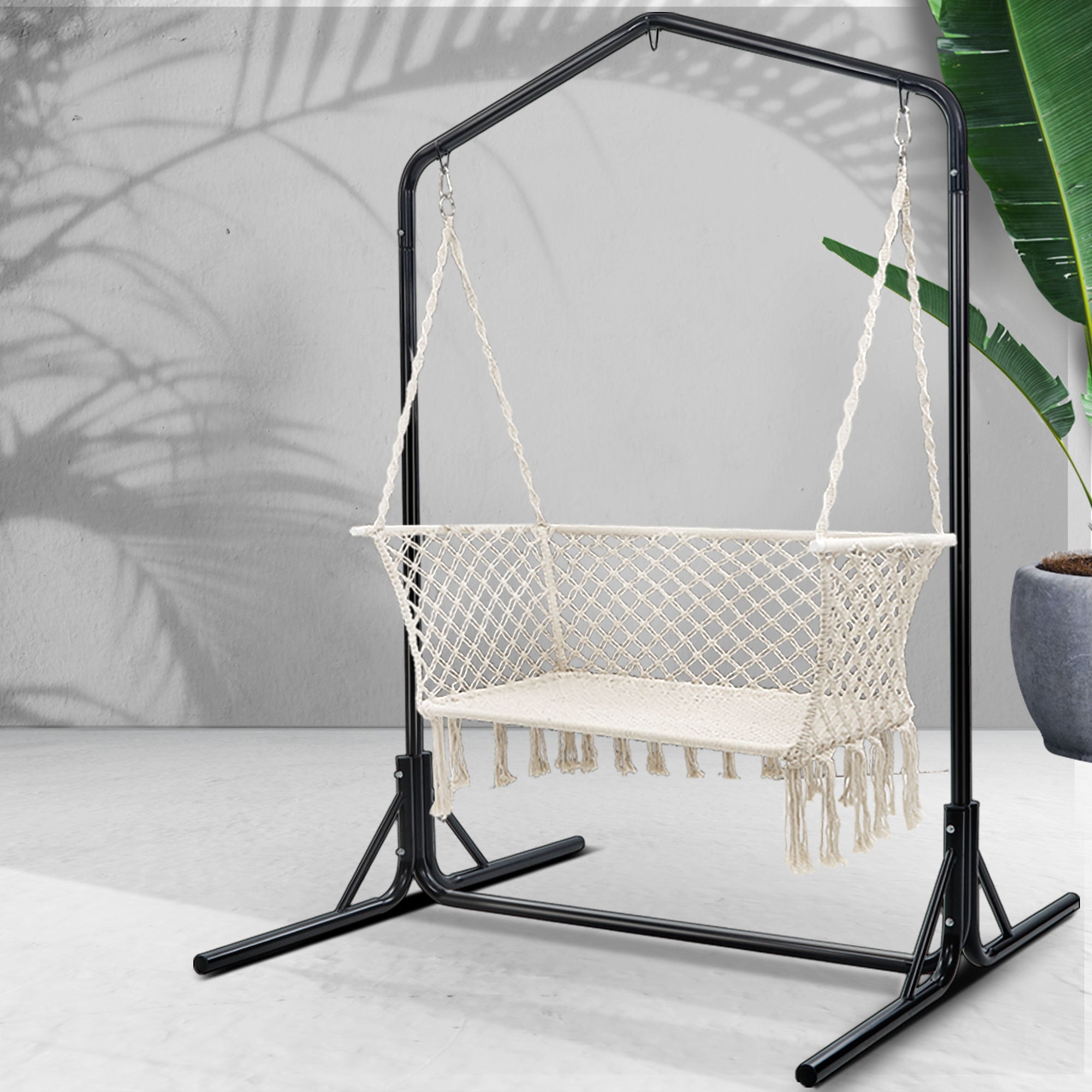 Hammock Chair With Stand Macrame Outdoor Garden 2 Seater Cream