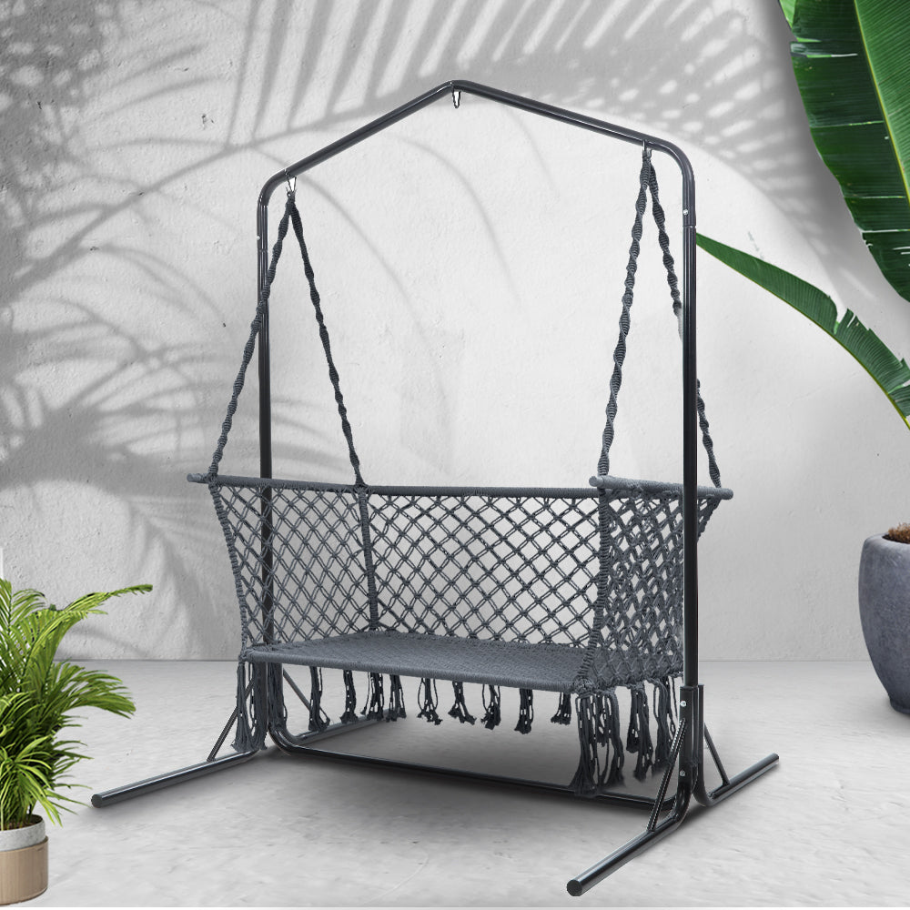 Hammock Chair With Stand Macrame Outdoor Garden 2 Seater Grey
