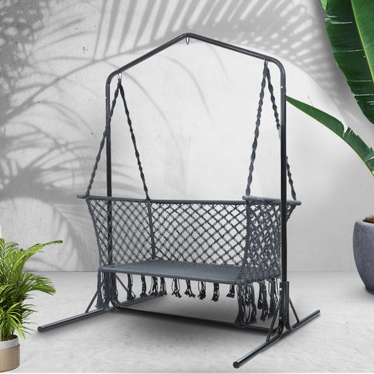 Hammock Chair With Stand Macrame Outdoor Garden 2 Seater Grey - Gardeon Swing Frame Bench
