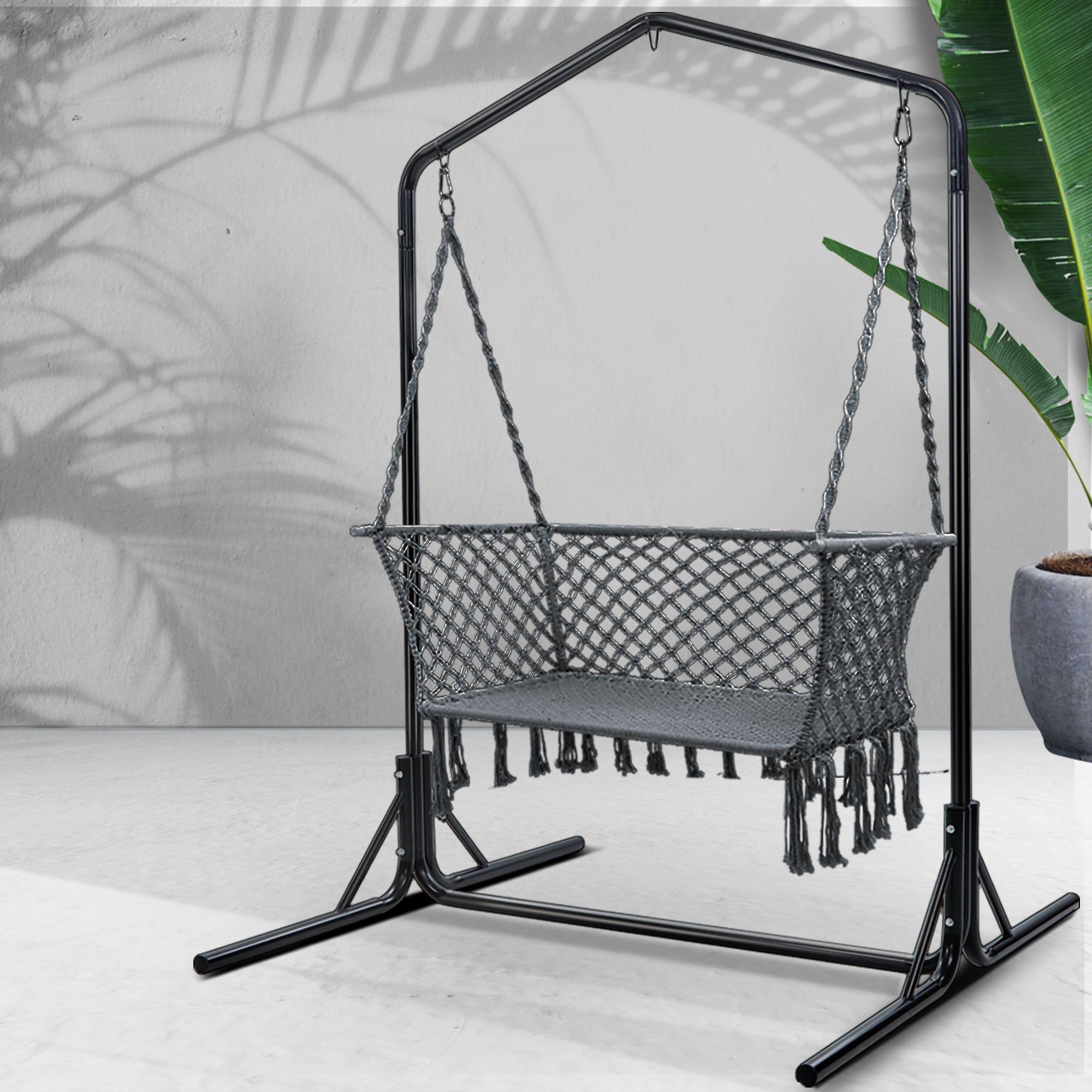 Hammock Chair With Stand Macrame Outdoor Garden 2 Seater Grey
