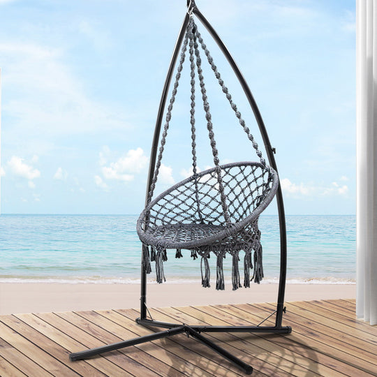 Hammock Chair With Steel Stand Macrame Outdoor Swinging Grey - Cotton Swing Hanging