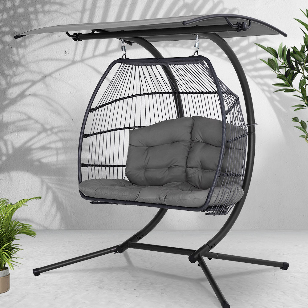 Outdoor Egg Swing Chair Wicker Furniture Pod Stand Canopy 2 Seater Grey