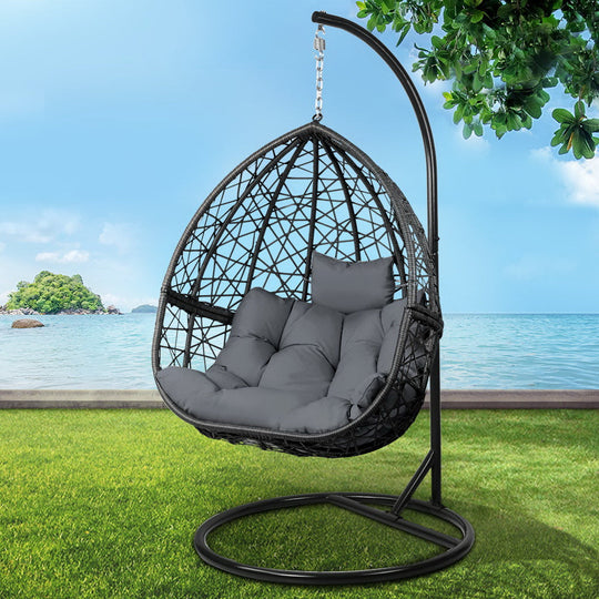 Gardeon Outdoor Hanging Black - Stylish Grey Wicker Egg Swing Chair with Cushion