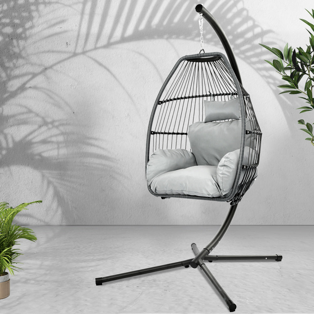 Outdoor Egg Swing Chair Wicker Rope Furniture Pod Stand Cushion Grey