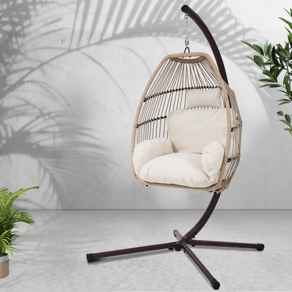 Outdoor Egg Swing Chair Hanging Chair Wicker Rope Pod Stand Cushion Latte