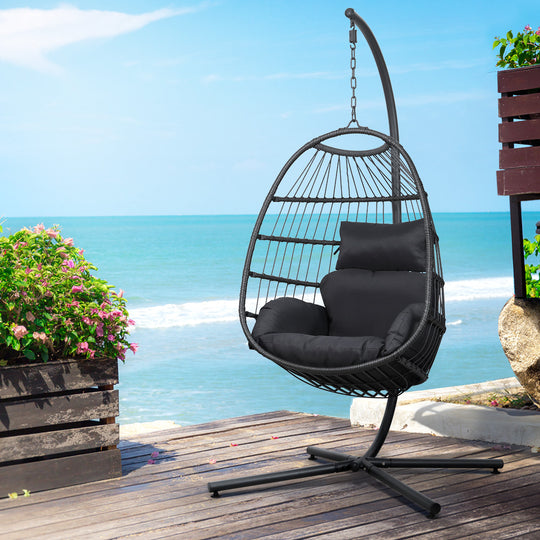Grey colour - Outdoor Egg Swing Chair Hanging Chair Wicker Rope Pod Stand Foldable Grey
