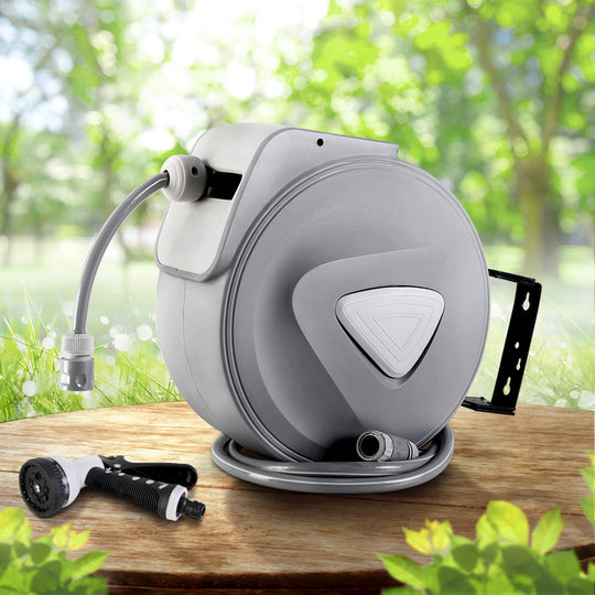 Water Hose Reel 10M Retractable Auto Rewind Garden Spray Gun - Storage Autorewind Bar