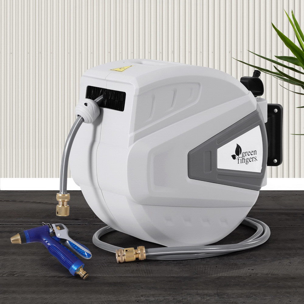 30M Water Hose Reel Retractable Auto Rewind Wall Mount Garden Spray Gun