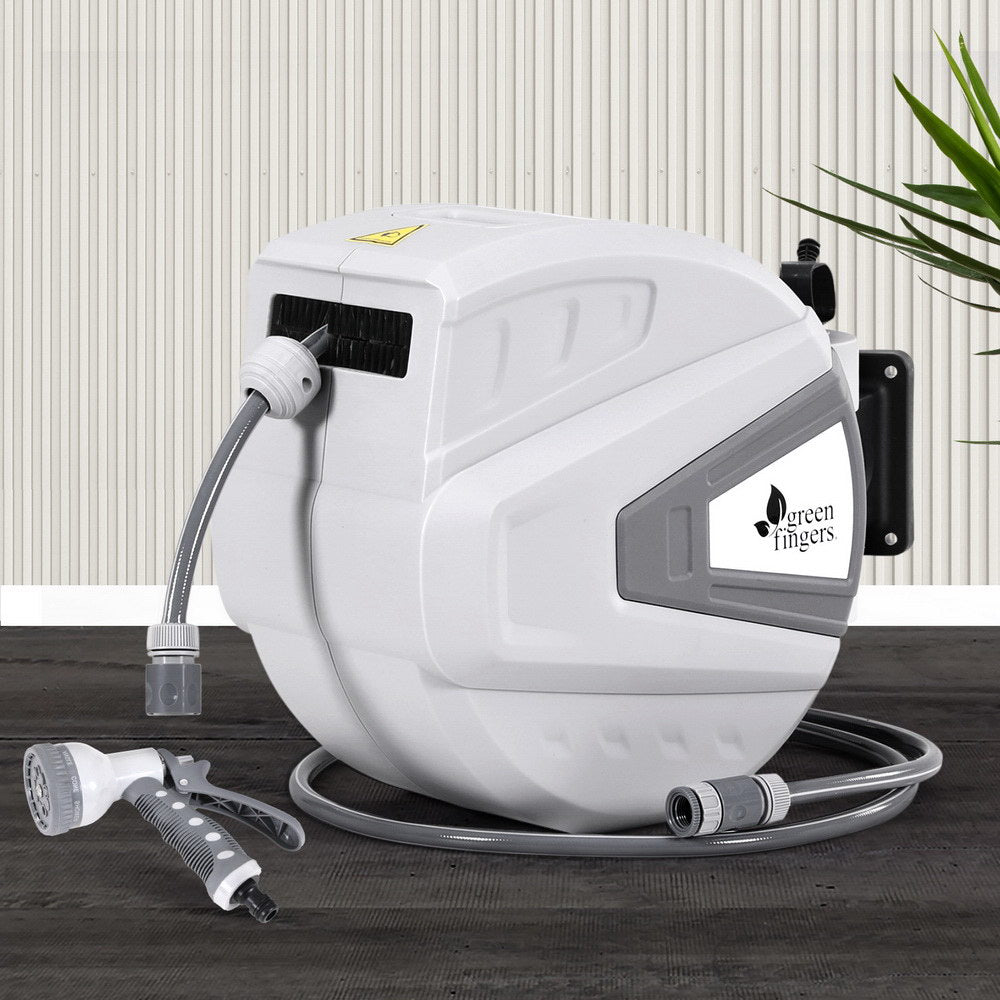30M Water Hose Reel Retractable Auto Rewind Wall Mount Garden Spray Gun