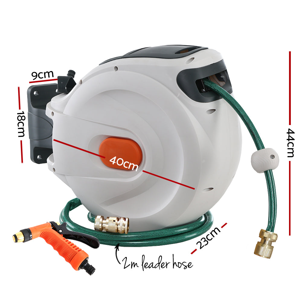 Water Hose Reel 30M Retractable Garden Brass Spray Gun Auto Rewind