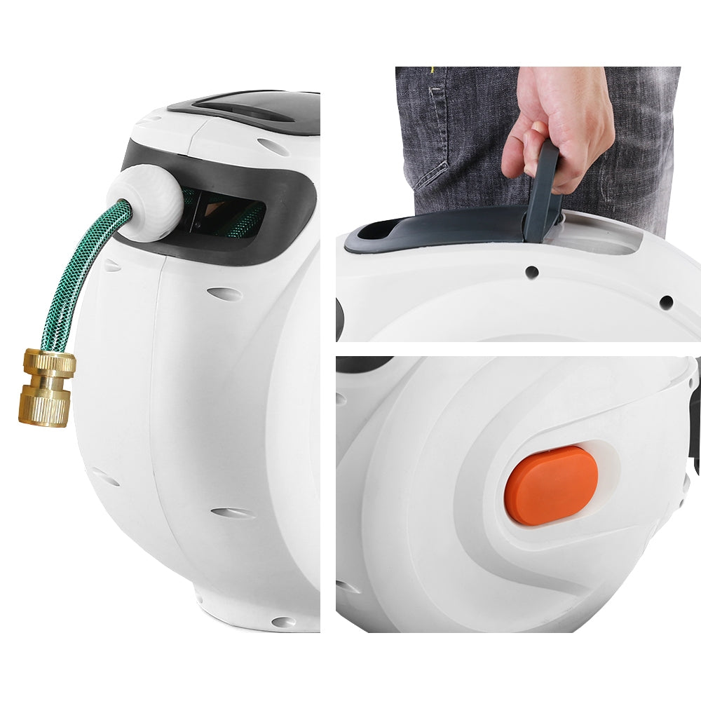 Water Hose Reel 30M Retractable Garden Brass Spray Gun Auto Rewind