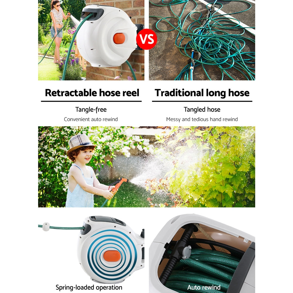 Water Hose Reel 30M Retractable Garden Brass Spray Gun Auto Rewind