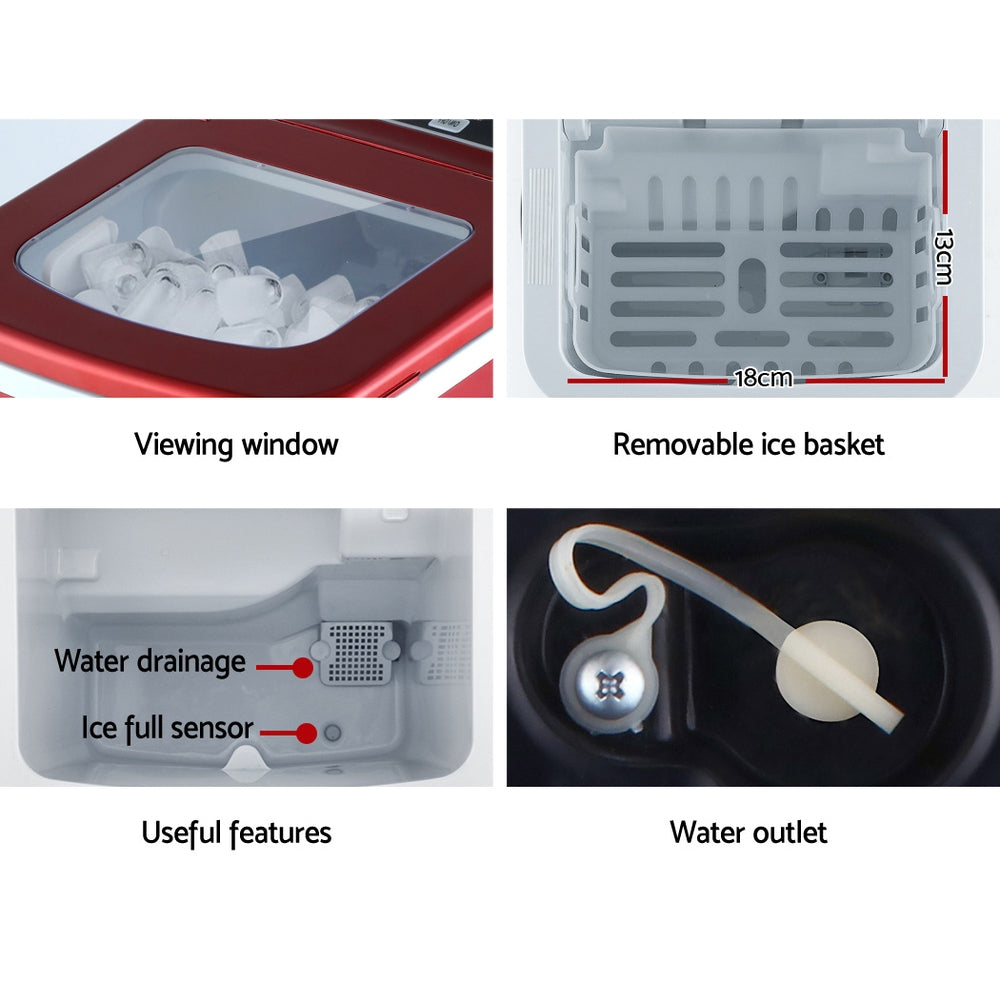 Portable Ice Cube Maker Machine 2L Home Bar Benchtop Easy Quick Red with Ice Makers