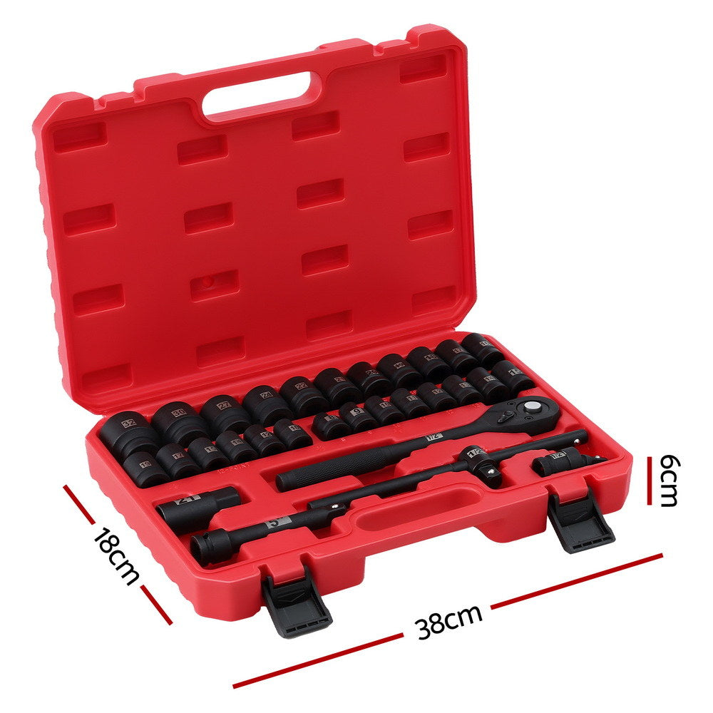 Steel finish - 30Pc 1/2" Drive Socket Set Cr-V Steel 8-32mm Workshop Repair