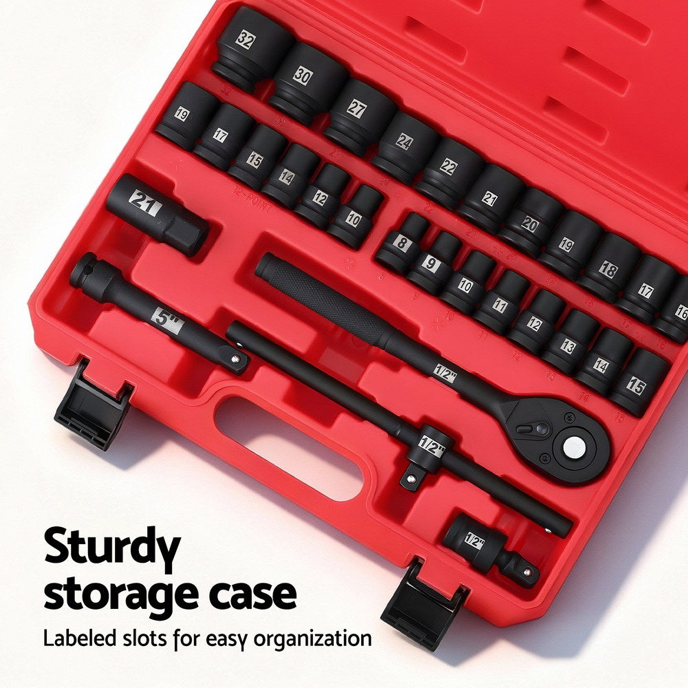 30Pc 1/2" Drive Socket Set Cr-V Steel 8-32mm Workshop Repair, Steel finish