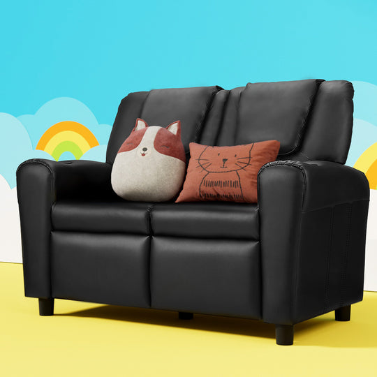 Office & Desk Chairs - Kids Recliner Chair Double Pu Leather Sofa Lounge Couch Armchair Black