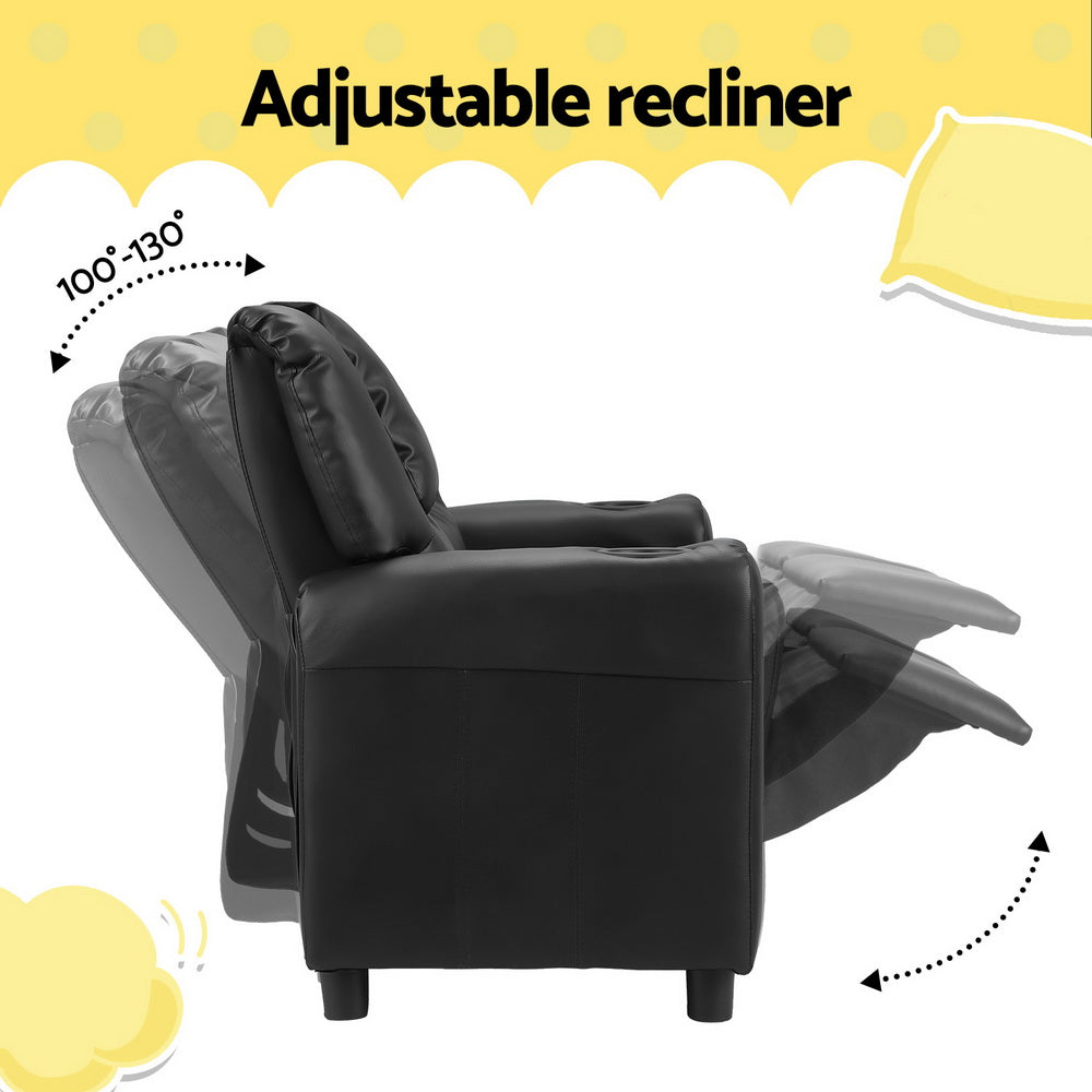 Kids Recliner Chair Double Pu Leather Sofa Lounge Couch Armchair Black