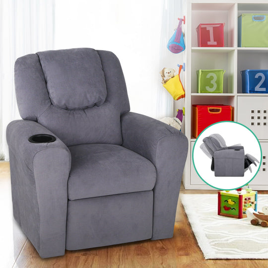 Kids Recliner Chair Linen Soft Sofa Lounge Couch Children Armchair Grey - Arm Chairs & Recliners