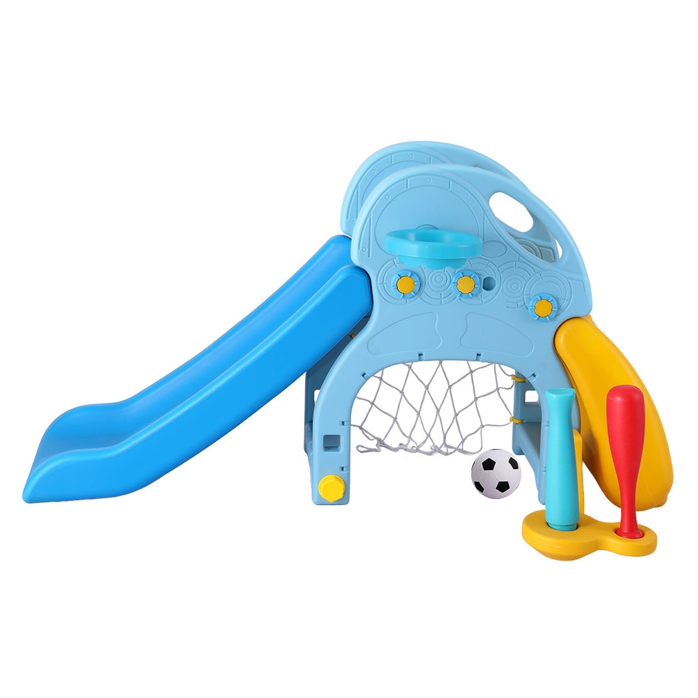 Kids Slide Set Baseball Bat Basketball Hoop Outdoor Playground 120Cm Blue