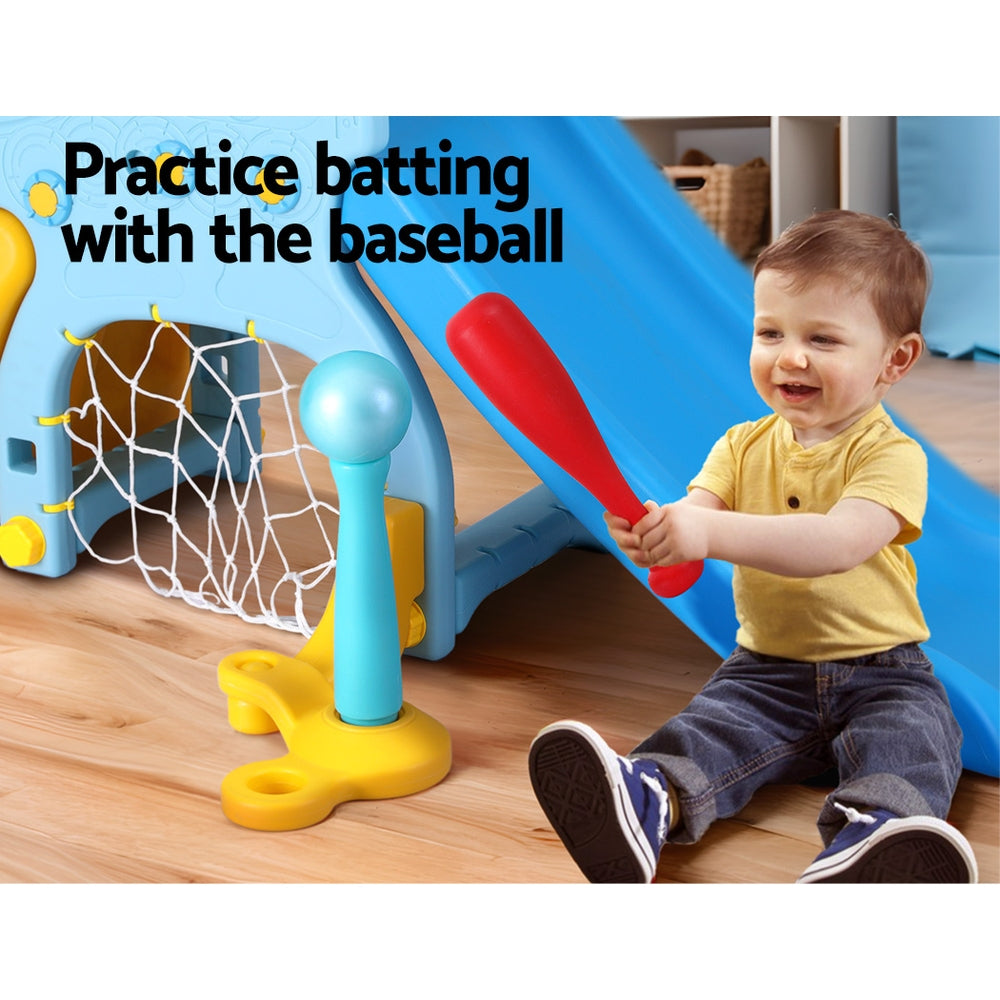 Kids Slide Set Baseball Bat Basketball Hoop Outdoor Playground 120Cm Blue