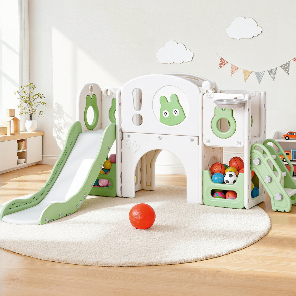Kids Slide Swing Set Ball Hoop Rings Football Outdoor Toys Green, Green colour